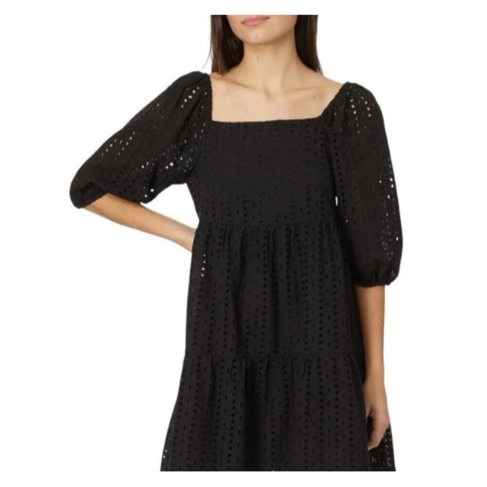 Sanctuary Weekender Eyelet Baby Doll Dress size 6 Black Puff Sleeve Cotton